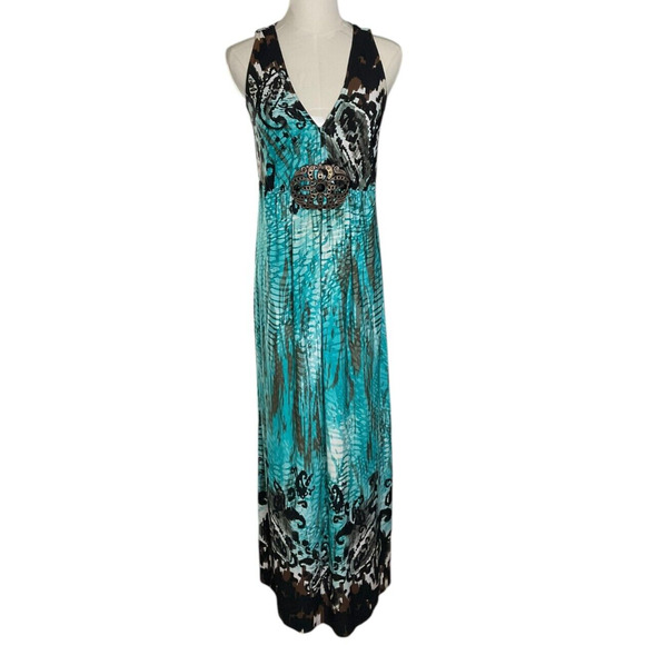 R&M Richards Size 8 Maxi Dress Teal Brown Abstract Print V Neck Belted - Picture 1 of 13